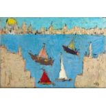 Panoramic harbour scene with boats, impasto oil on canvas, unframed, 76cm x 51cm For further