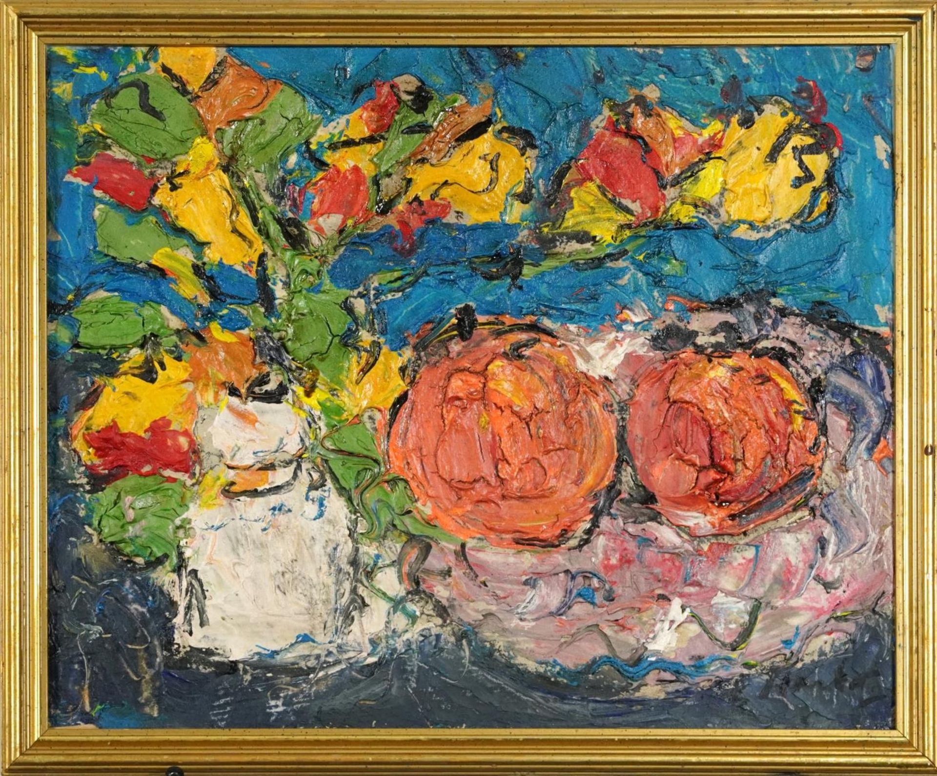 Still life fruit and flowers, Scottish Colourist school impasto oil on board, framed, 39cm x 32cm - Image 2 of 4