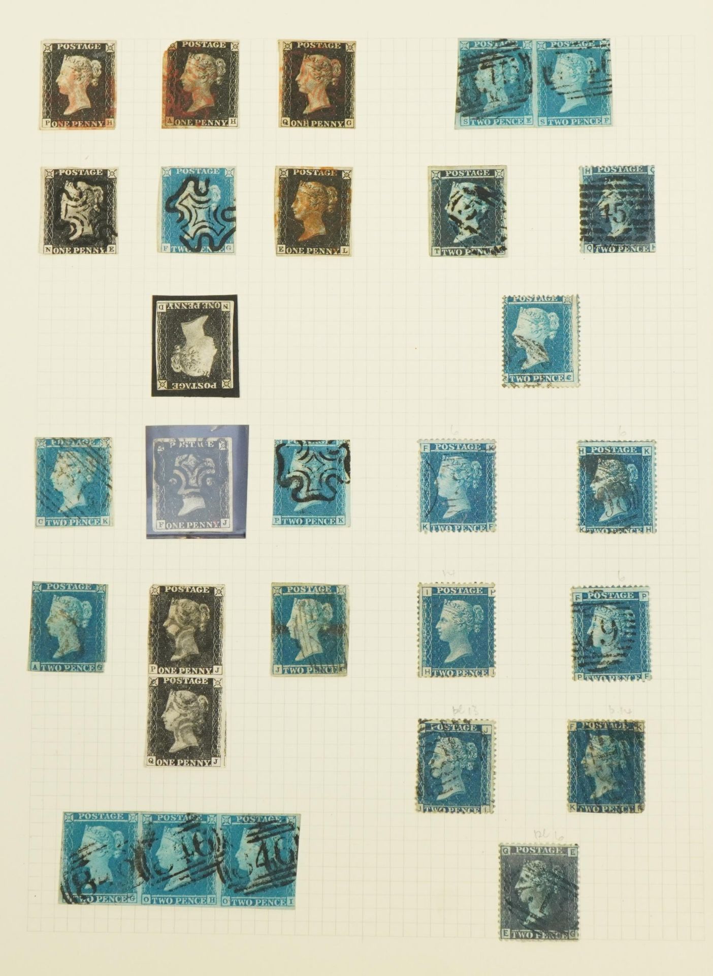 Good selection of Penny Blacks and Two Pence Blue stamps on page including Penny black