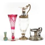19th century and later glassware including a blue opaline vase gilded with flowers, ruby flashed