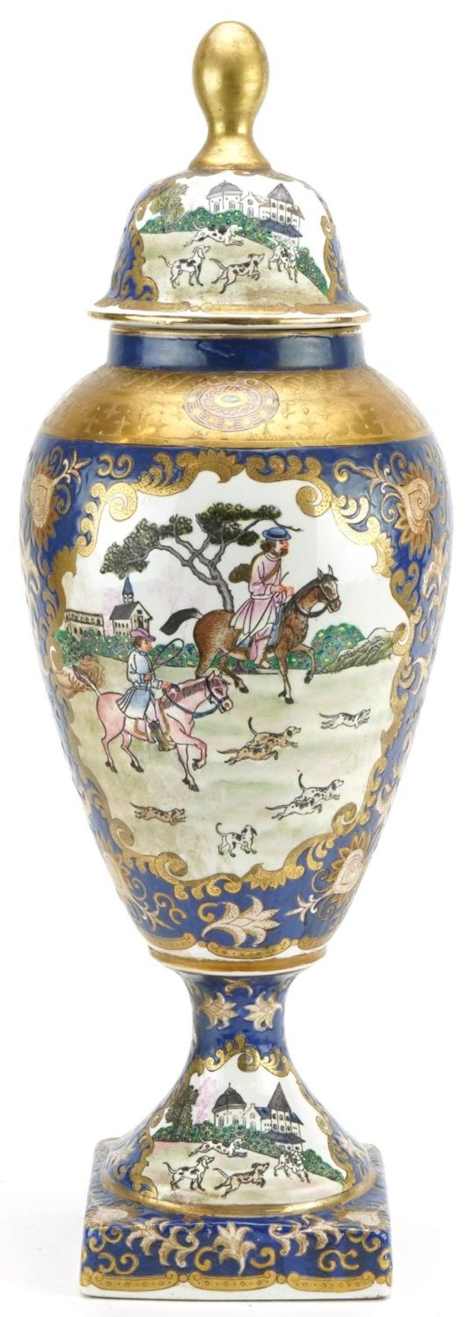 European Chinese style porcelain vase and cover hand painted with panels of figures and animals,