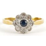 Art Deco 18ct gold and platinum sapphire and diamond flower head ring housed in a William