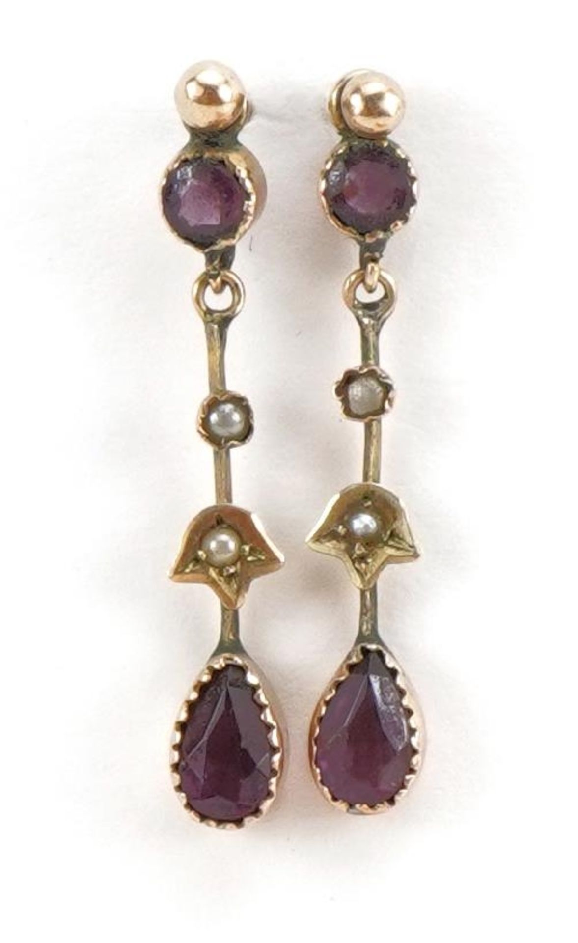 Pair of unmarked gold amethyst and seed pearl drop earrings, 2.9cm high, 2.0g : For further