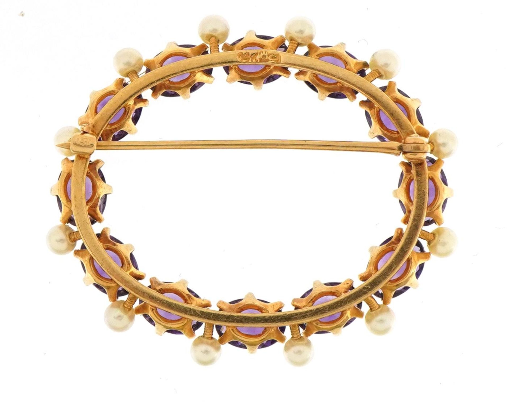 14k gold amethyst and seed pearl oval brooch, 4.0cm wide, 8.1g : For further information on this lot - Image 3 of 4