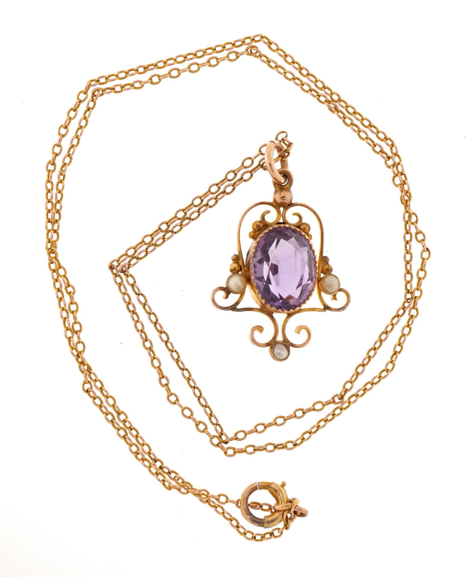 9ct gold amethyst and seed pearl openwork drop pendant on a 9ct gold Belcher link necklace, 2.5cm - Bild 2 aus 4