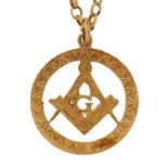 9ct gold masonic pendant on 9ct gold Belcher link necklace, 2.8cm high and 62cm in length, total