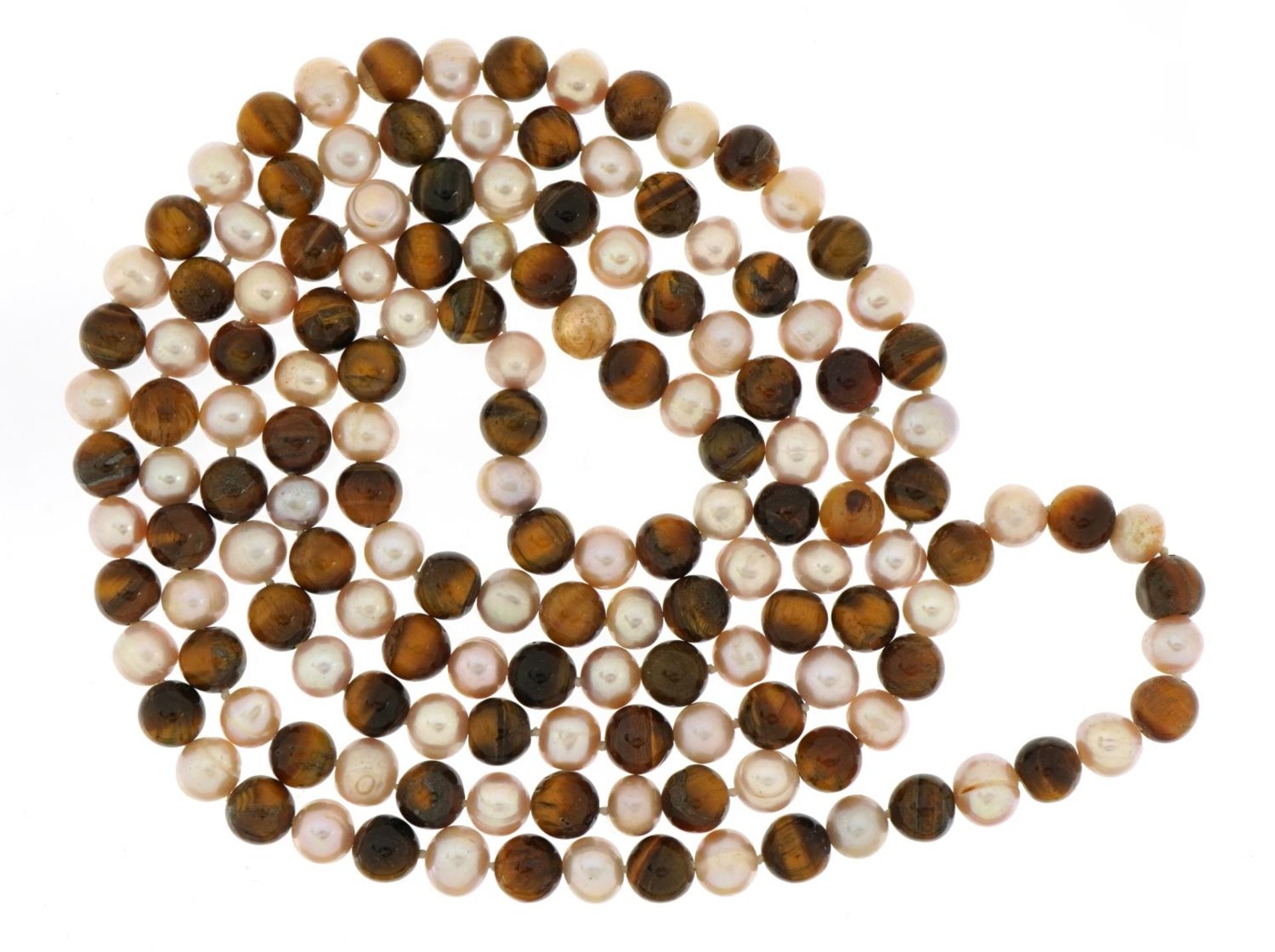 Tiger's eye and pearl bead necklace, 120cm in length, 114.1g : For further information on this lot - Image 2 of 2