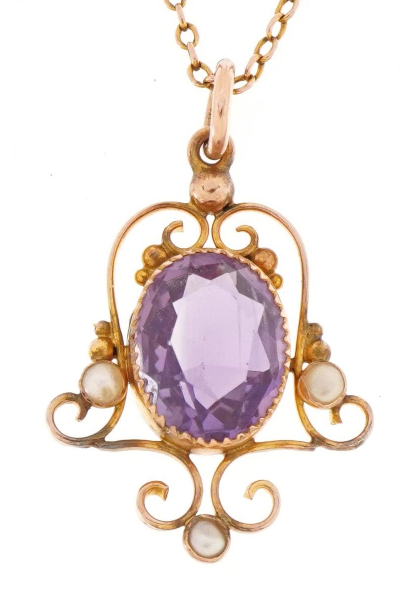 9ct gold amethyst and seed pearl openwork drop pendant on a 9ct gold Belcher link necklace, 2.5cm