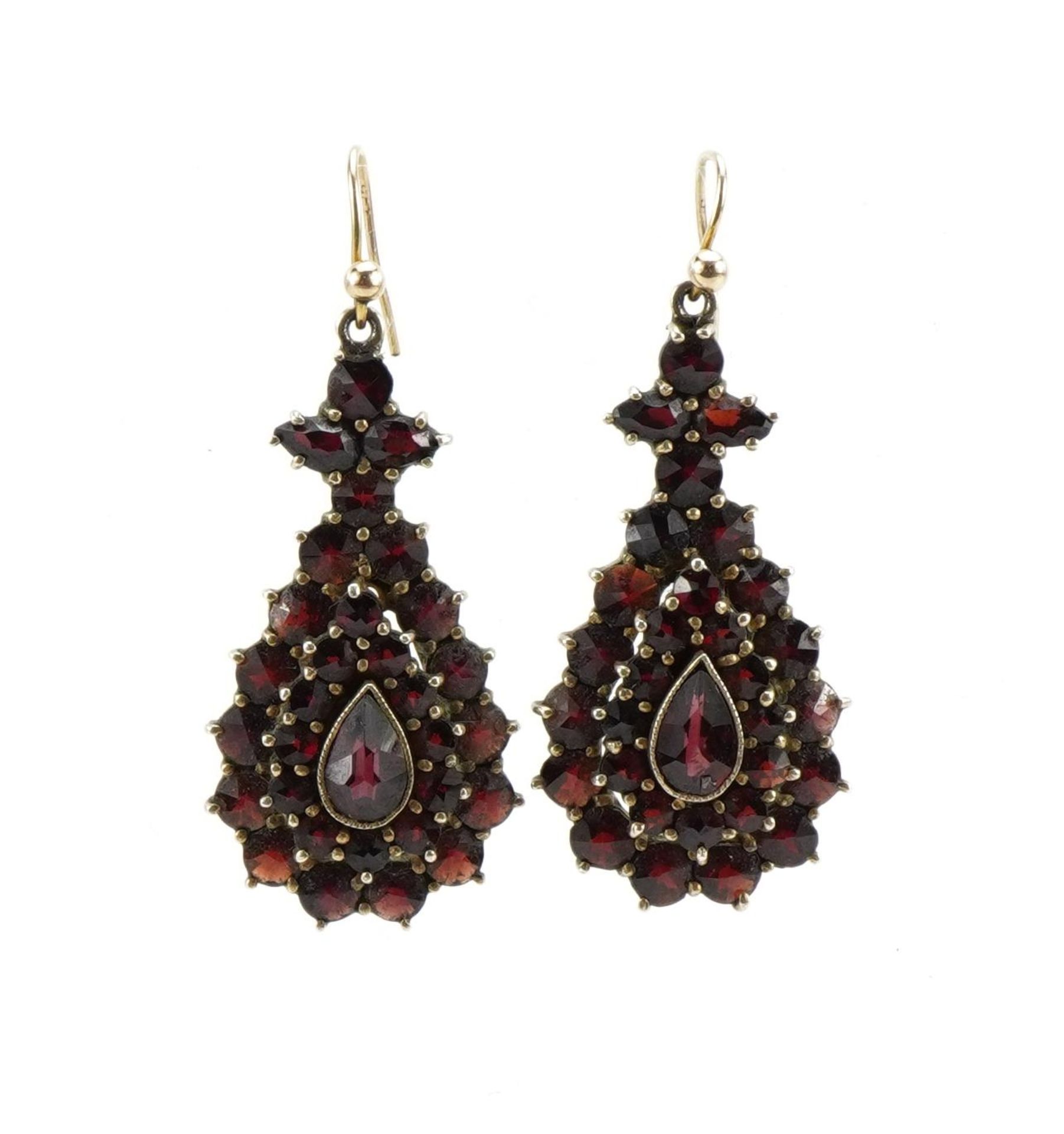 Pair of 9ct gold and silver gilt Bohemian garnet tear drop cluster drop earrings, 4.1cm high, 7.6g : - Bild 2 aus 4