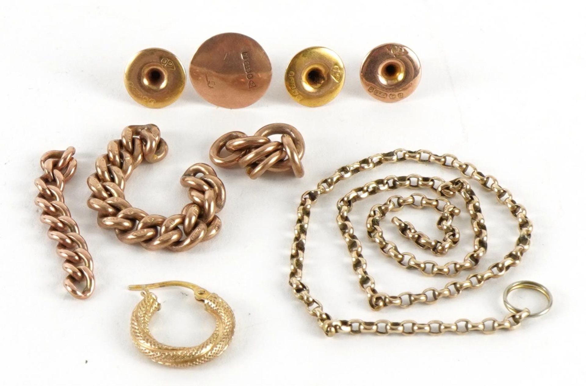Edwardian and later 9ct gold jewellery including four studs and hoop earring and a yellow metal