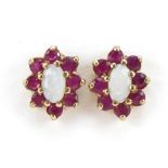 Pair of 9ct gold opal and ruby two tier cluster stud earrings, 1.0cm high, 1.3g : For further