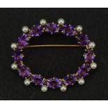 14k gold amethyst and seed pearl oval brooch, 4.0cm wide, 8.1g : For further information on this lot