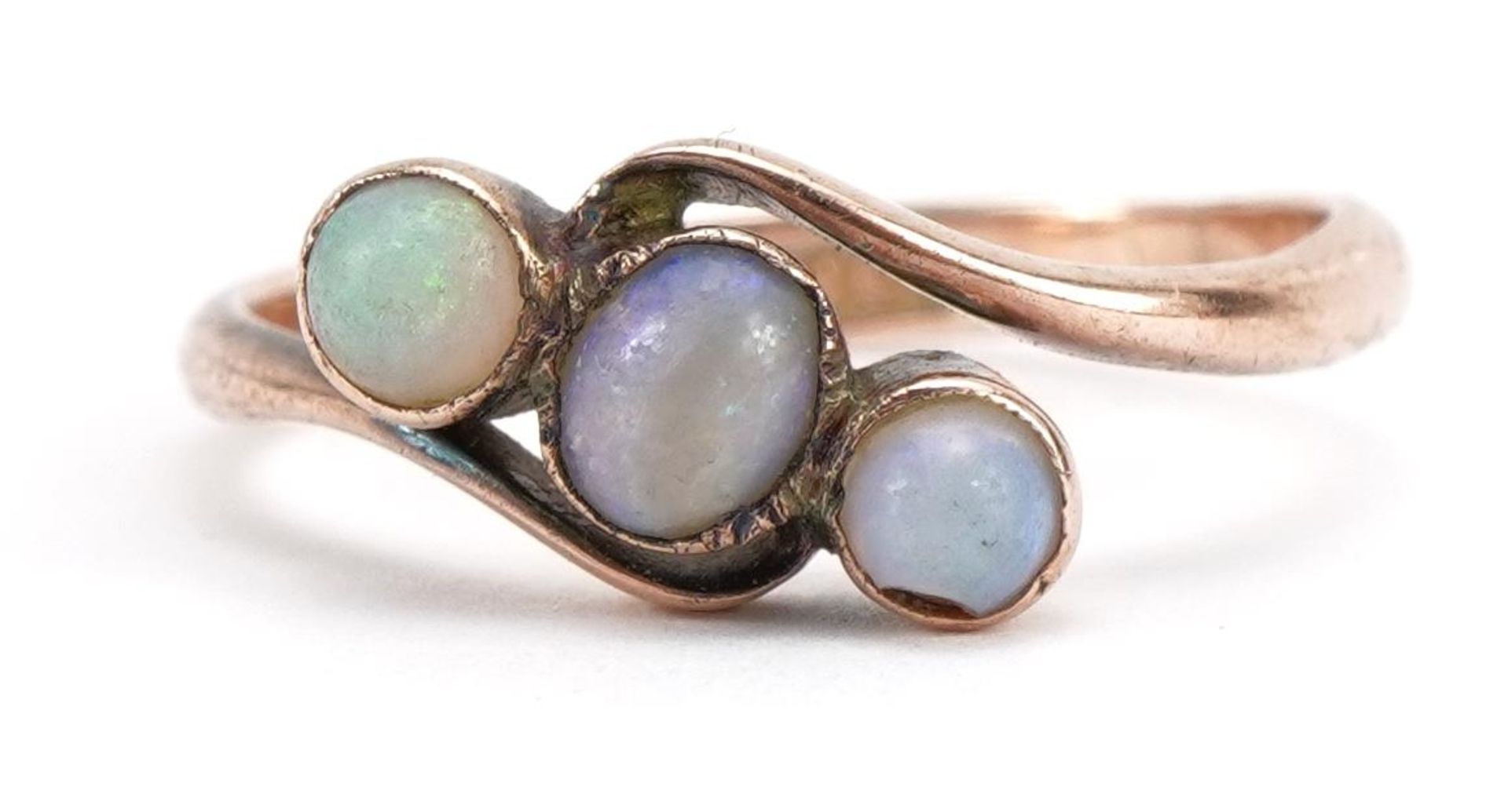 9ct rose gold cabochon opal three stone crossover ring, size M, 1.8g : For further information on