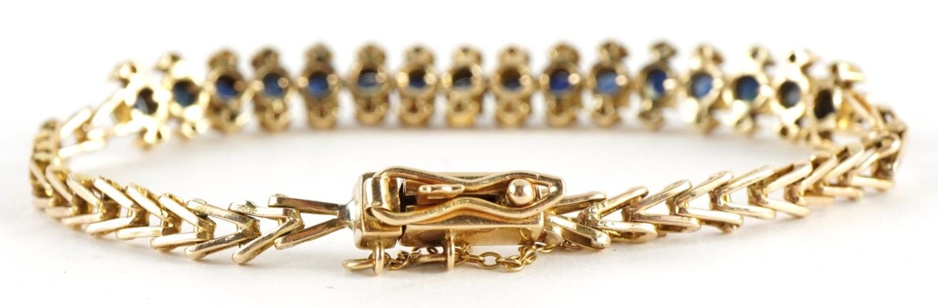 9ct gold sapphire and clear stone three row bracelet with safety chain, 11.2g : For further - Bild 3 aus 3