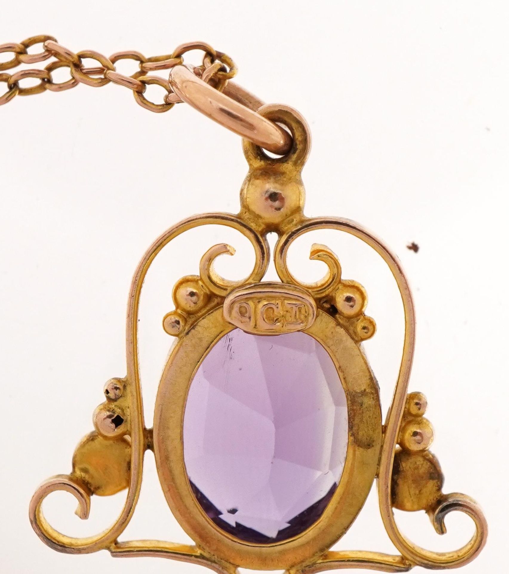9ct gold amethyst and seed pearl openwork drop pendant on a 9ct gold Belcher link necklace, 2.5cm - Bild 4 aus 4