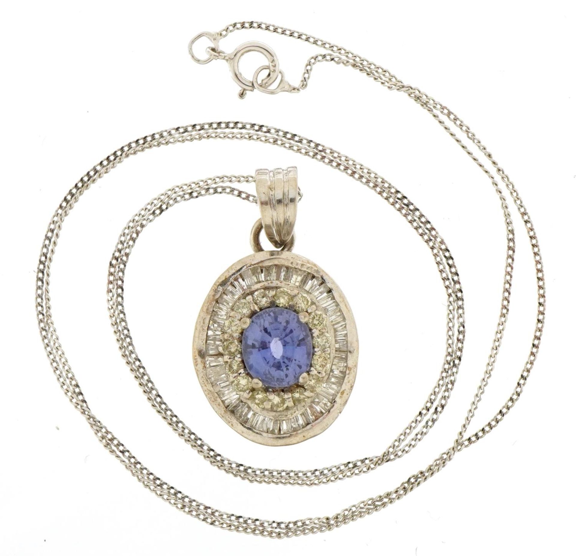 Unmarked white gold sapphire and diamond halo pendant with baguette cut diamonds on a 9ct white gold - Bild 2 aus 4