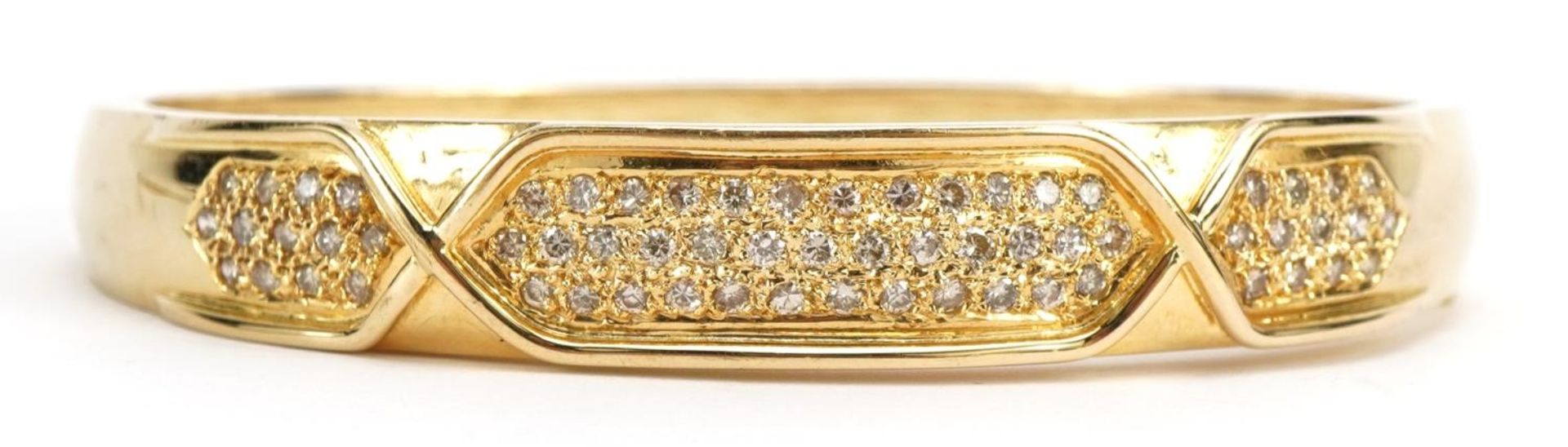 14k gold hinged bangle set with diamonds, 6.6cm wide, 23.7g : For further information on this lot