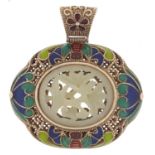 Chinese white metal and enamel pendant inset with a carved celadon jade panel, 6cm x 5.5cm : For