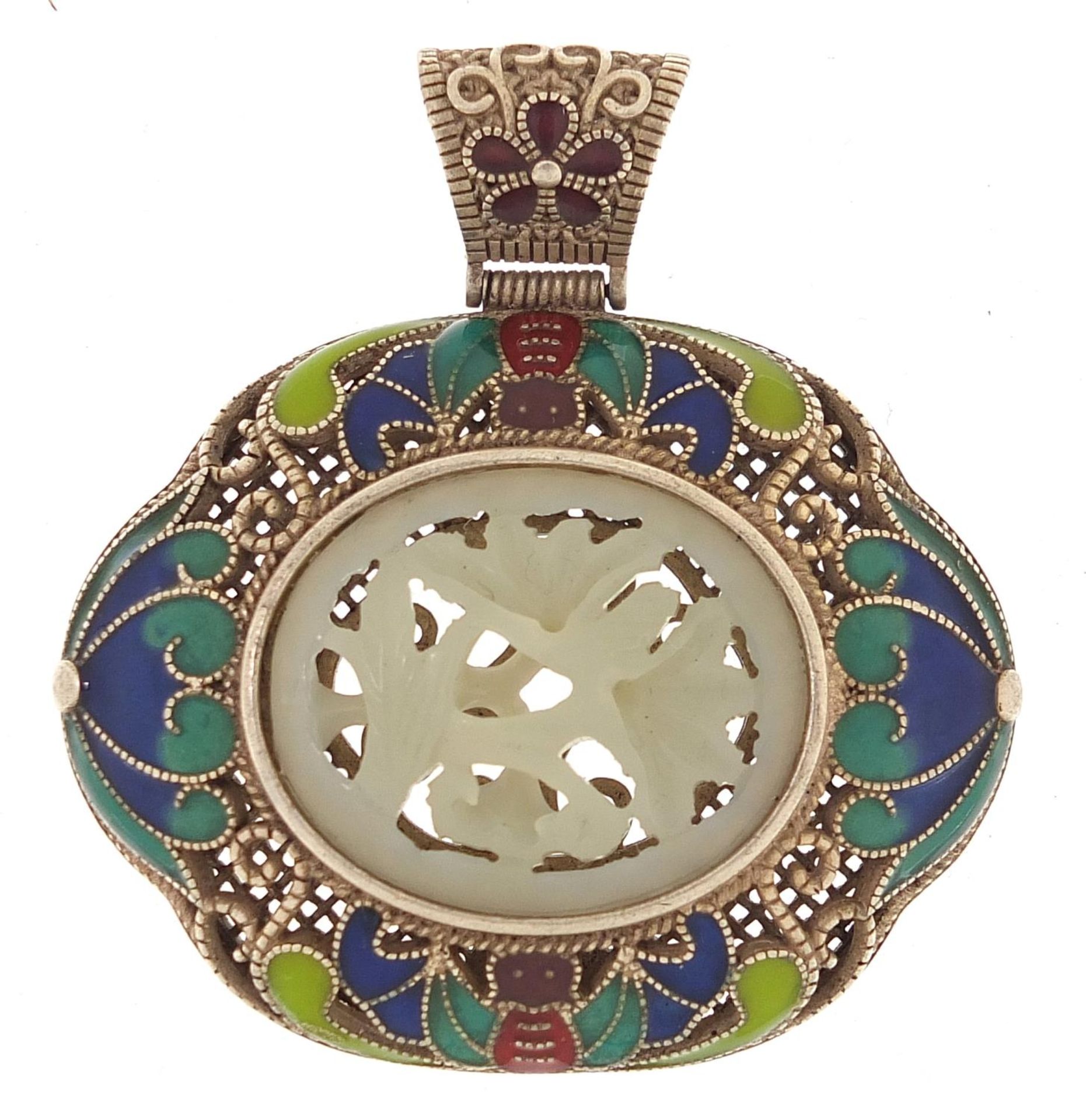 Chinese white metal and enamel pendant inset with a carved celadon jade panel, 6cm x 5.5cm : For