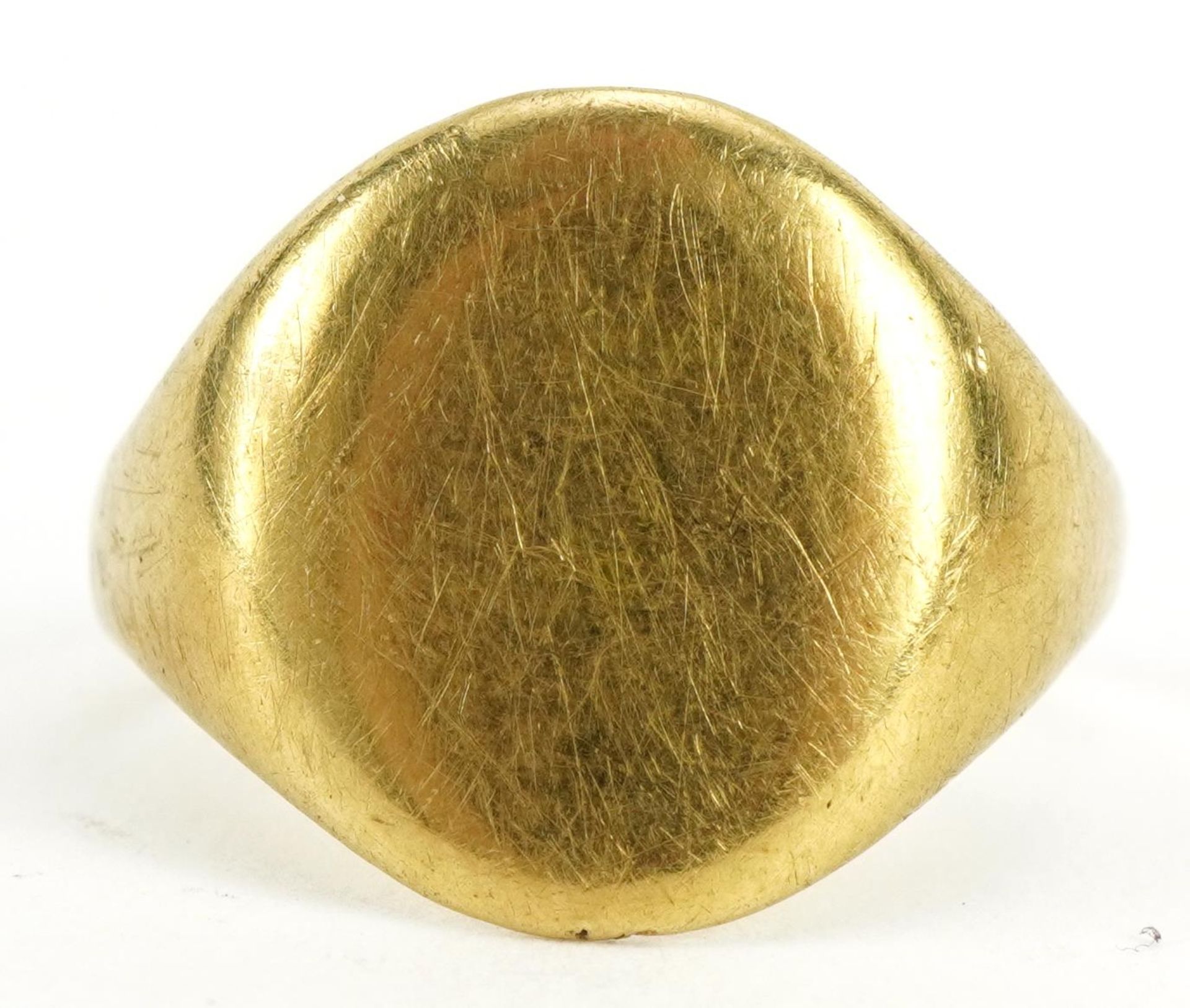 Unmarked gold signet ring, tests as 18ct, size Q, 6.4g : For further information on this lot