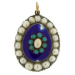 Antique unmarked gold blue enamel pendant set with turquoise and pearls, tests as 15ct+ gold, 3.