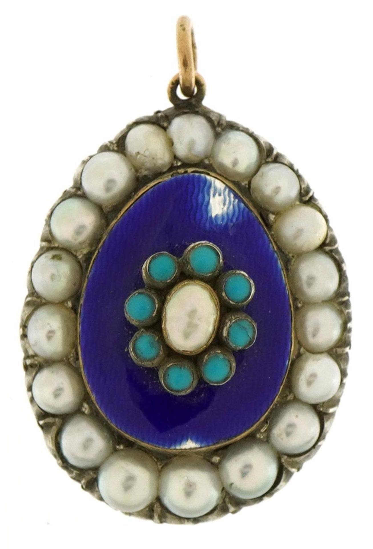 Antique unmarked gold blue enamel pendant set with turquoise and pearls, tests as 15ct+ gold, 3.
