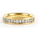 18ct gold diamond half eternity ring housed in a W Bruford tooled leather box, size L/M, 4.2g :