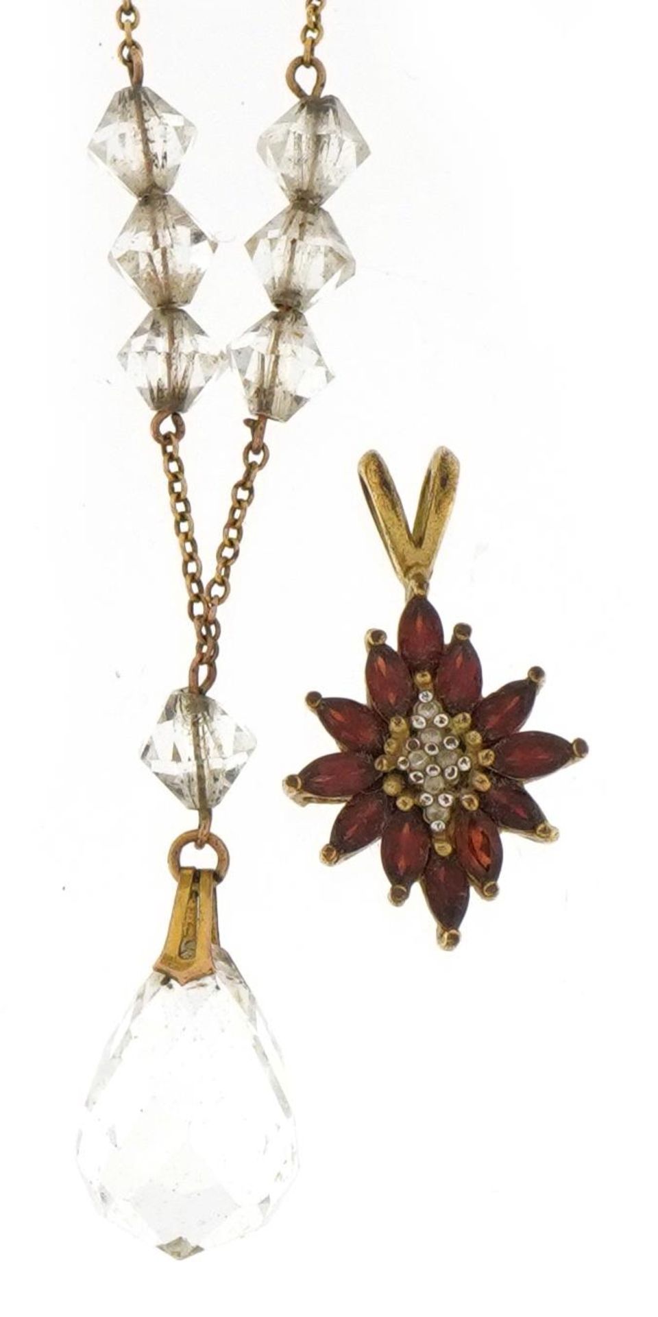 9ct gold crystal necklace and a yellow metal garnet and clear stone pendant, total weight 6.0g : For