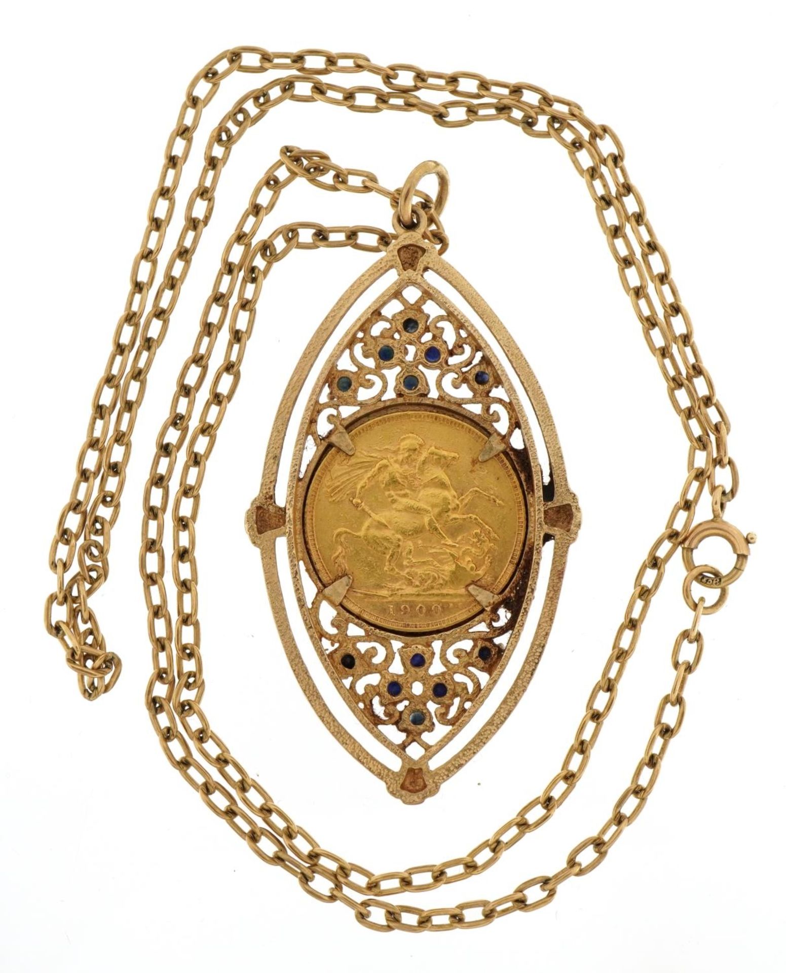 Queen Victoria 1900 gold sovereign housed in a pendant mount set with sapphires on a 9ct gold - Bild 4 aus 4