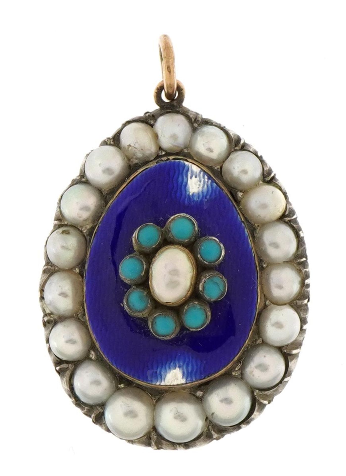 Antique unmarked gold blue enamel pendant set with turquoise and pearls, tests as 15ct+ gold, 3. - Bild 2 aus 4