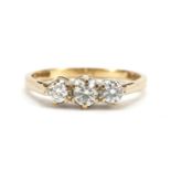 9ct gold diamond three stone ring, the largest diamond approximately 0.16 carat, size L, 1.6g :