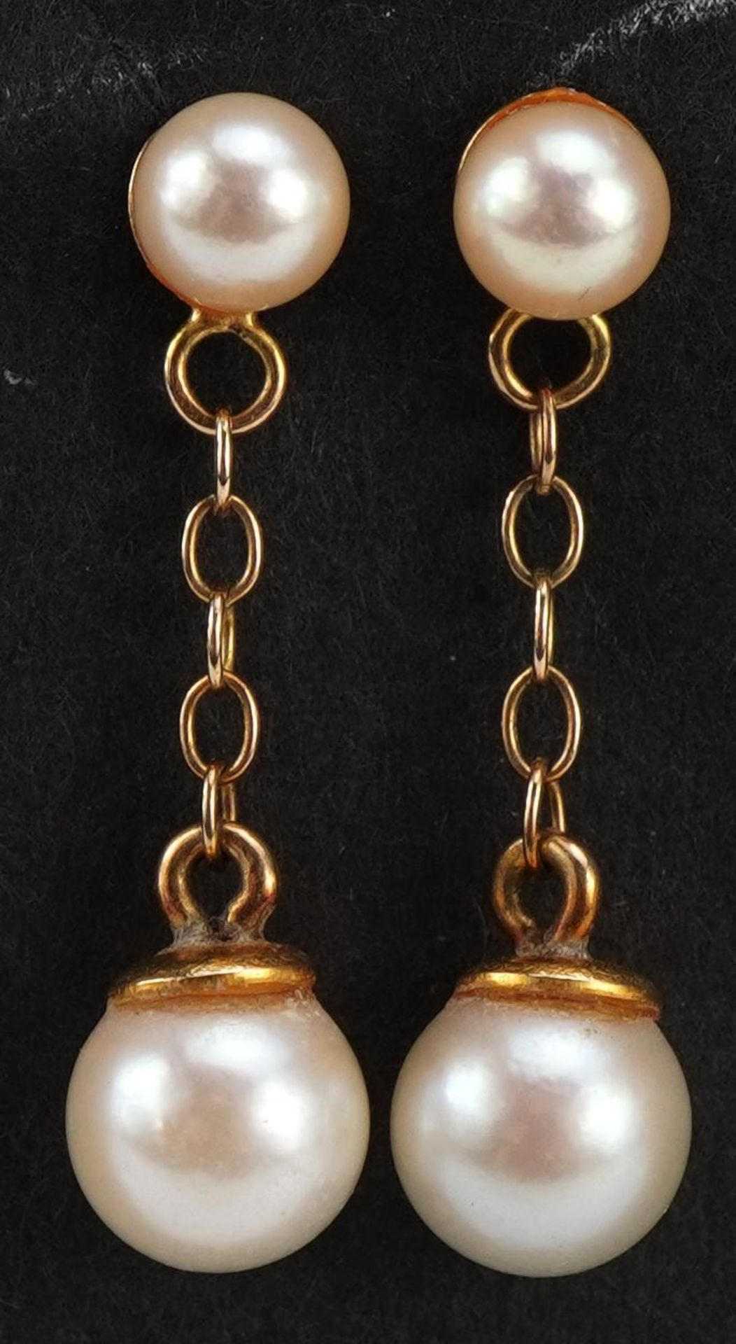 Pair 9ct gold cultured pearl drop earrings, 2.3cm high, 1.5g : For further information on this lot