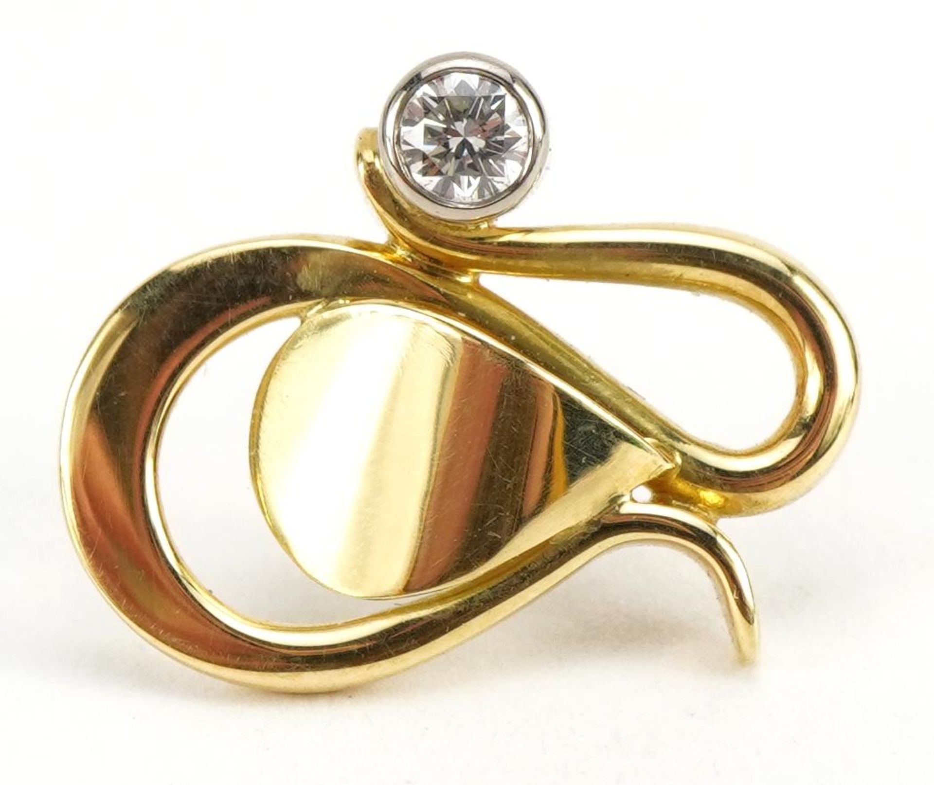Modernist 18ct gold diamond solitaire stud earring, the diamond 3.00mm in diameter, 1.6cm high, 2.0g