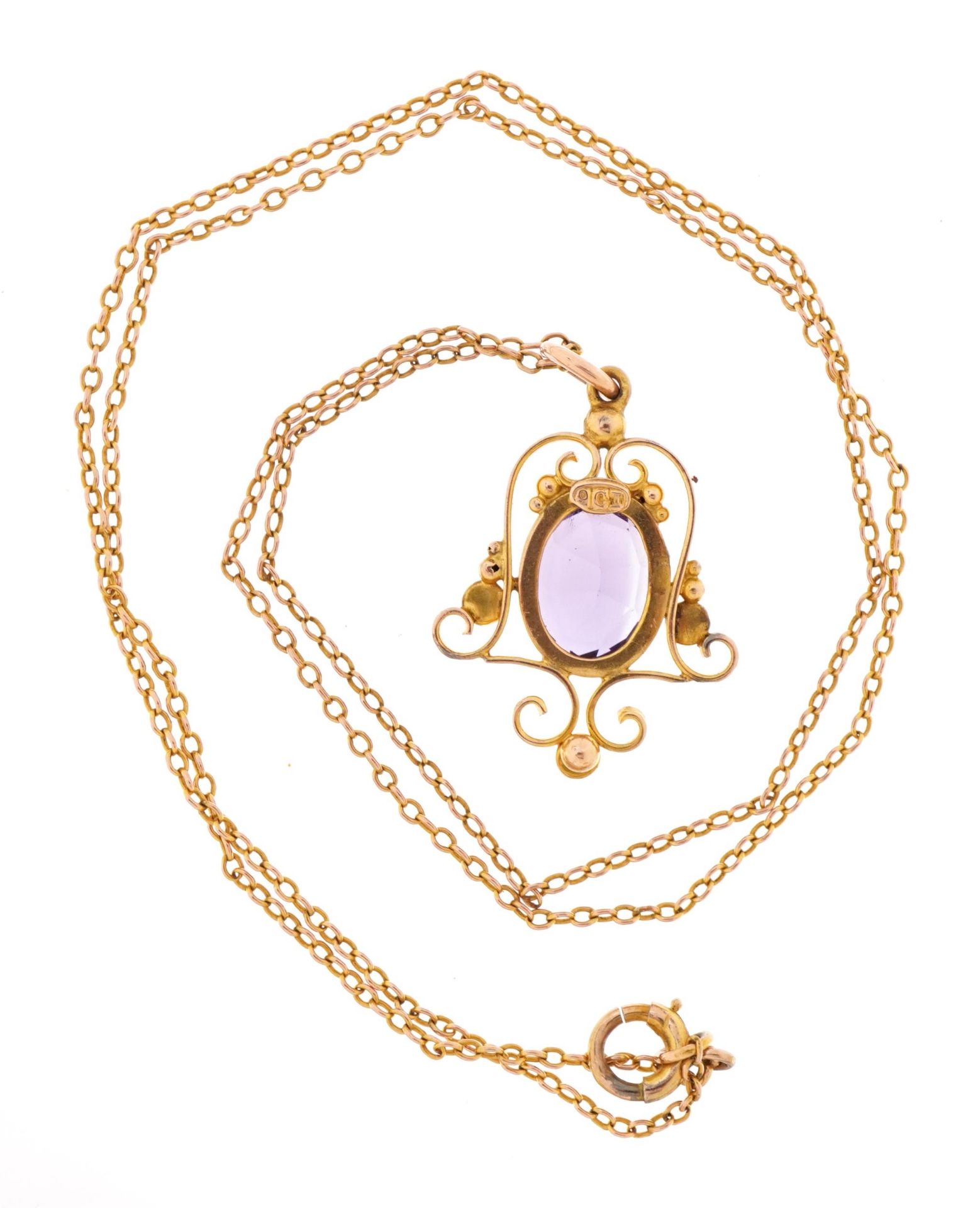 9ct gold amethyst and seed pearl openwork drop pendant on a 9ct gold Belcher link necklace, 2.5cm - Bild 3 aus 4