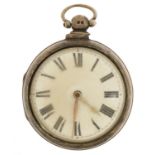 Victorian gentlemen's silver pair cased pocket watch with enamelled dial having a fusee movement