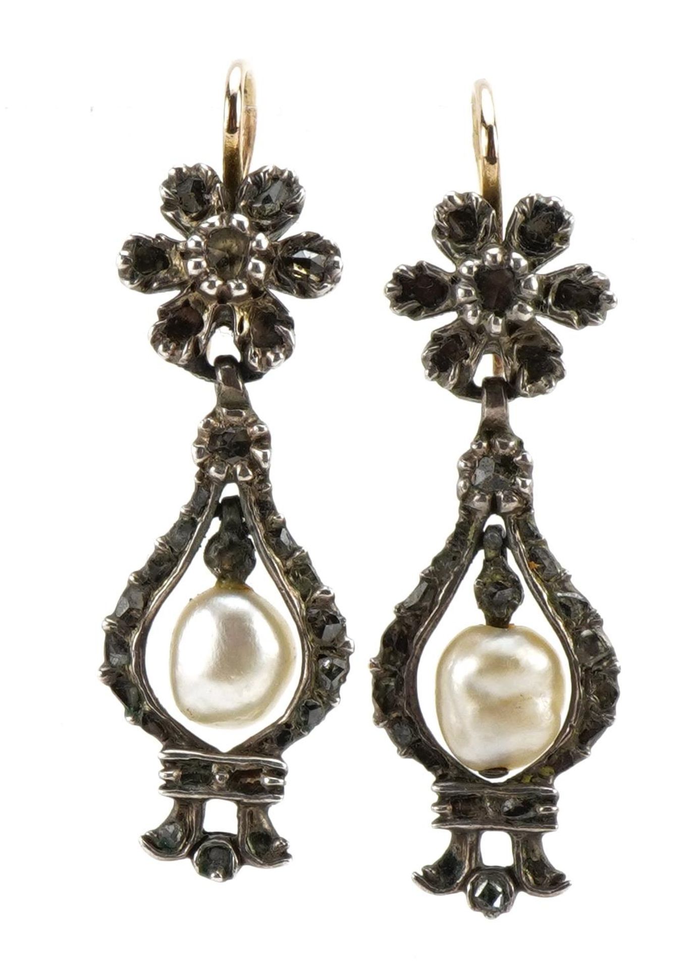 Pair of Victorian unmarked gold diamond and Baroque pearl flower head drop earrings, tests as 15ct