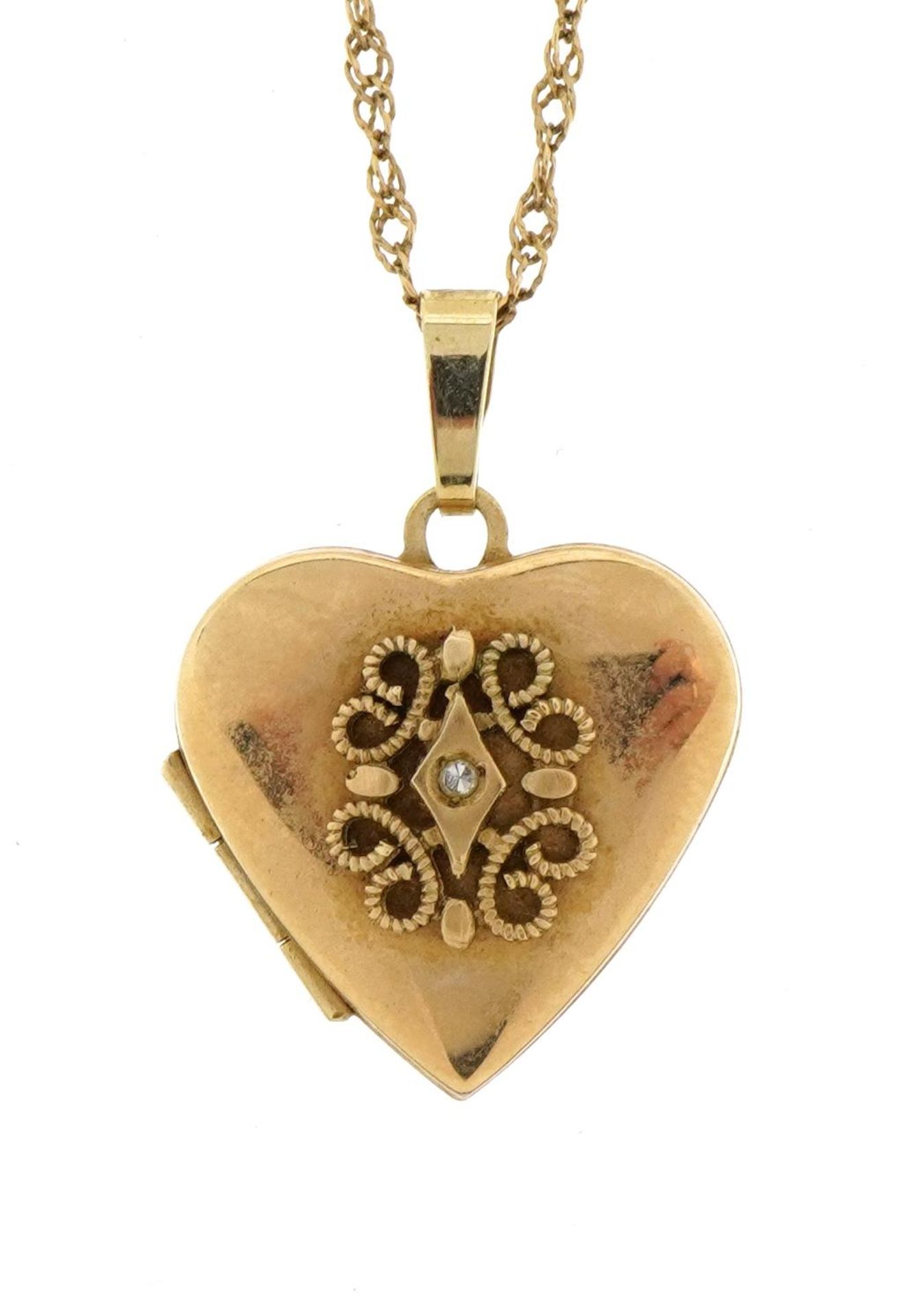 9ct gold love heart locket set with a diamond on a 9ct gold necklace, 3.0cm high and 46cm in length,