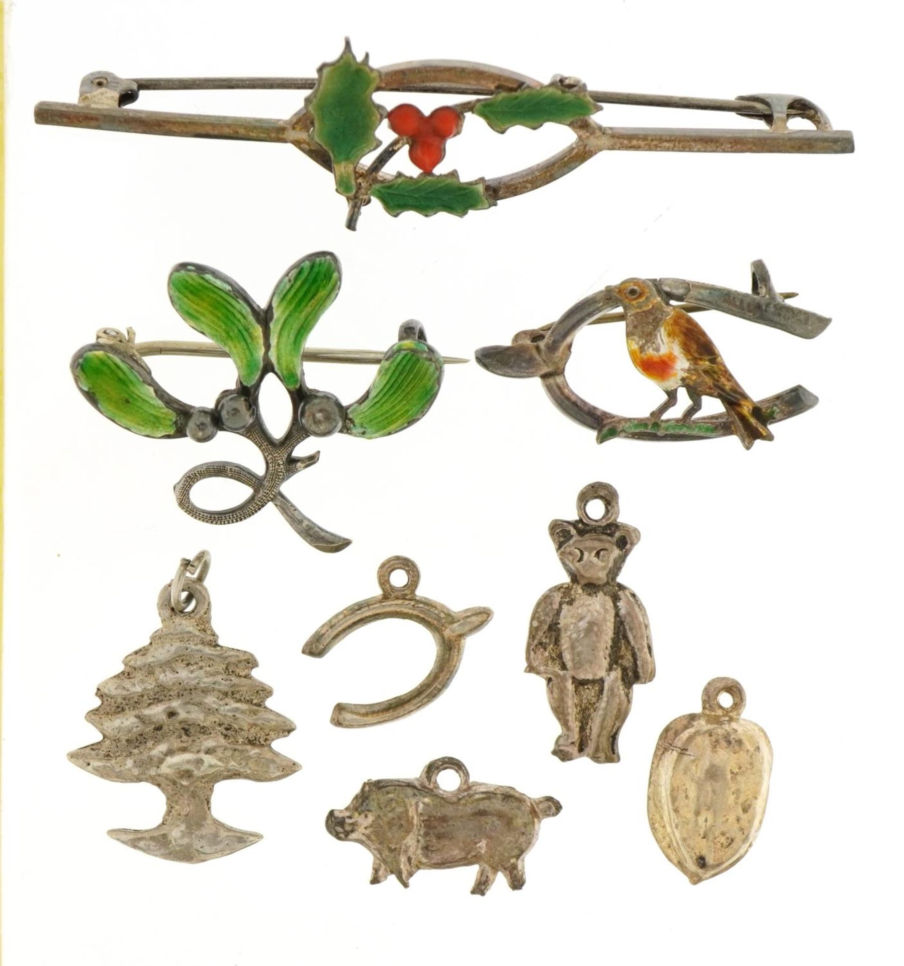 Silver Christmas related charms and brooches including set of six Christmas pudding charms and three - Image 3 of 5