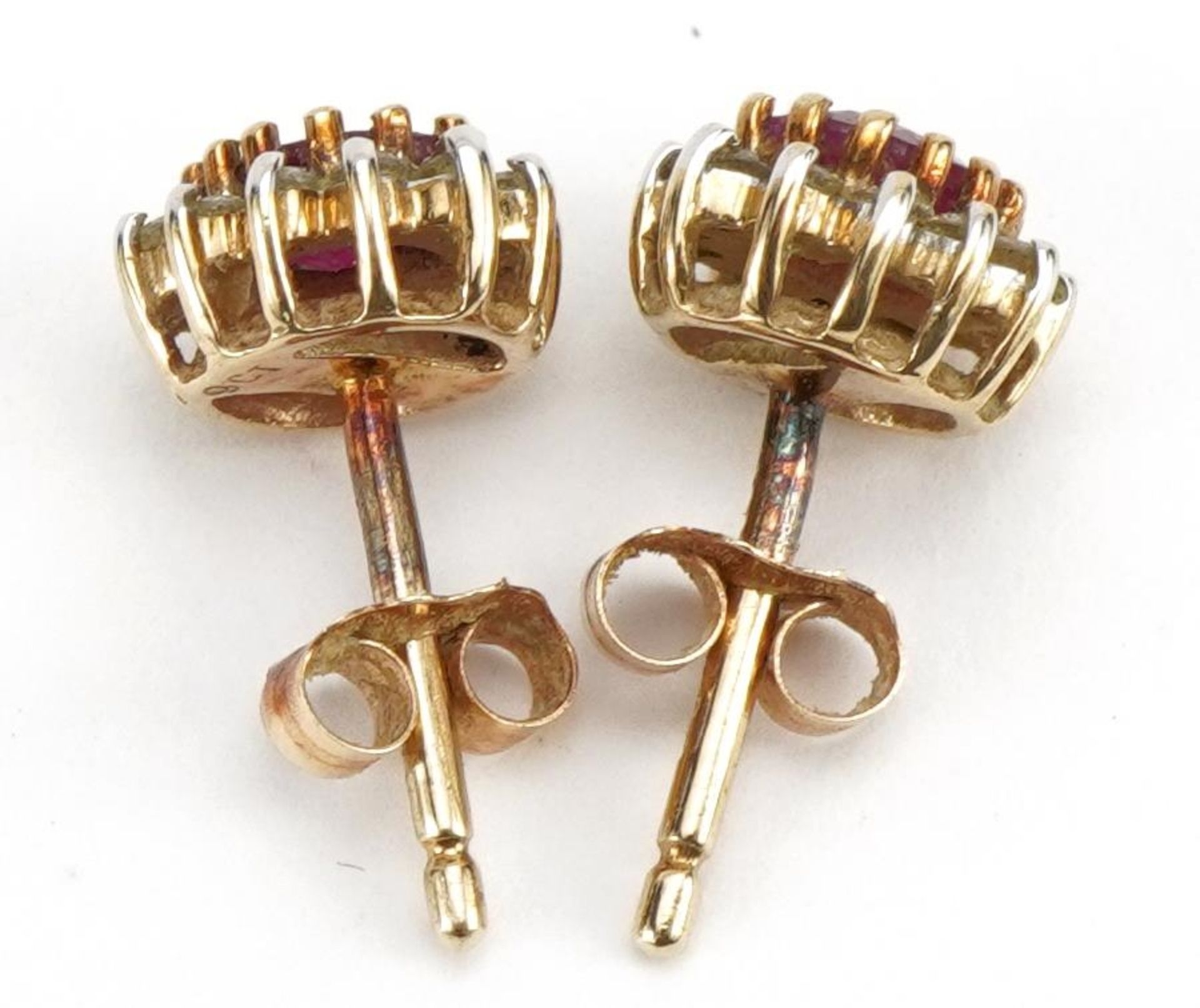 Pair of 9ct gold ruby and diamond two tier cluster stud earrings, 8mm high, 1.6g : For further - Image 2 of 2