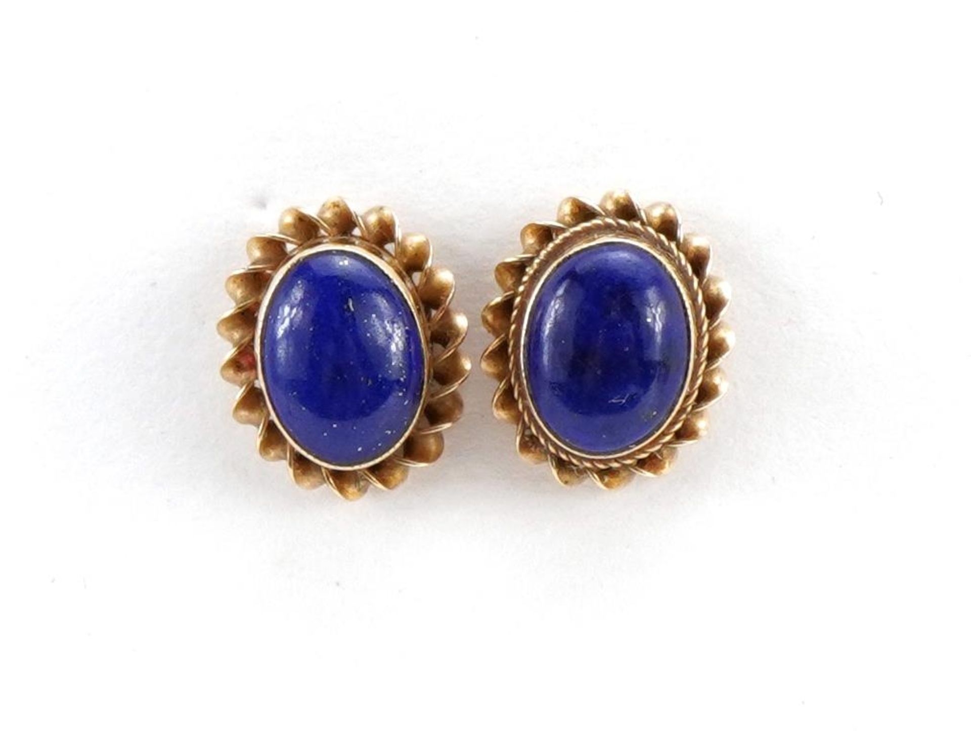 Pair of 9ct gold cabochon lapis lazuli stud earrings, 1.2cm high, 1.9g : For further information