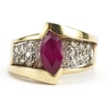 14k gold ruby and diamond two tier ring, the ruby approximately 9.2mm x 5.0mm, size M, 6.5g : For