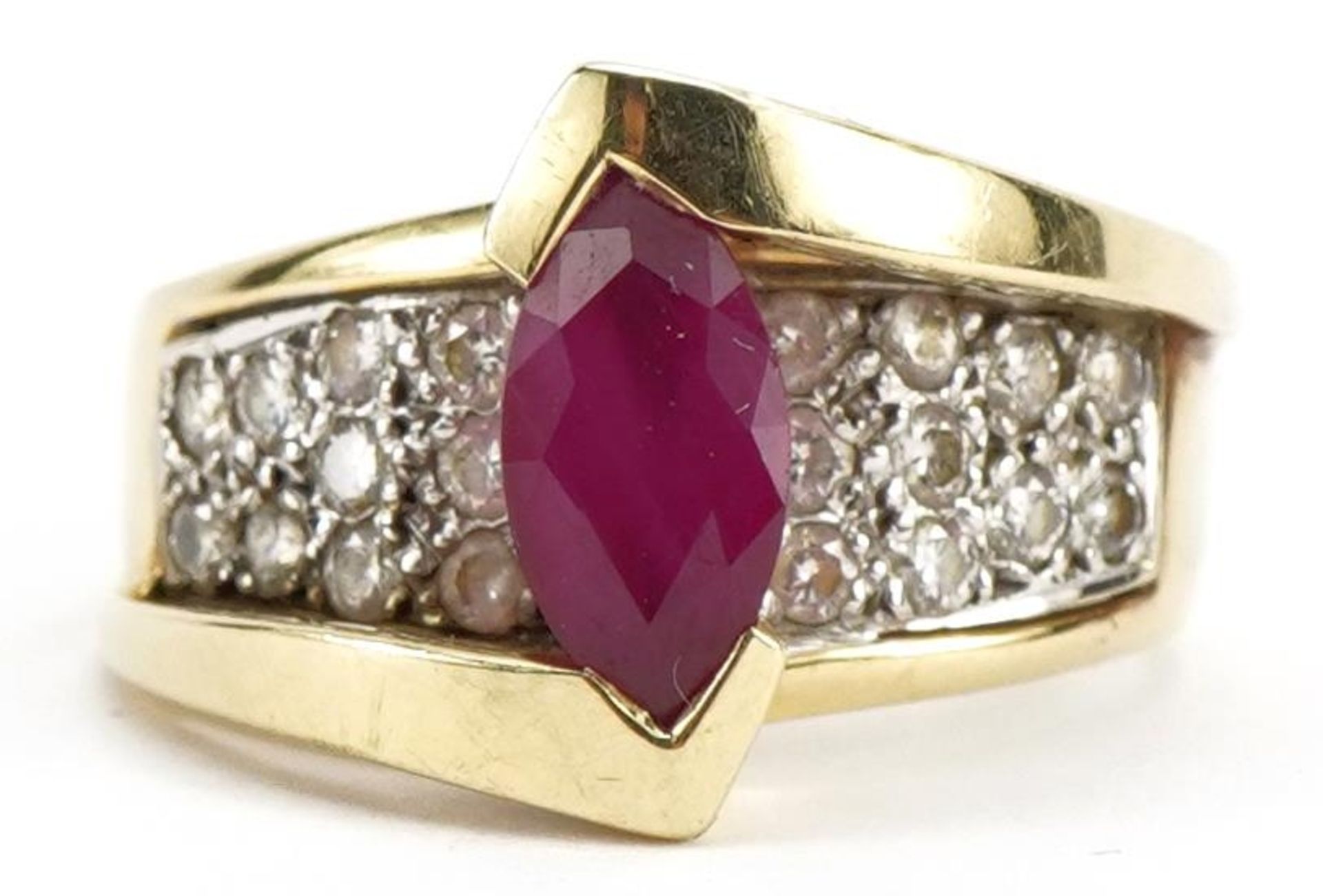 14k gold ruby and diamond two tier ring, the ruby approximately 9.2mm x 5.0mm, size M, 6.5g : For