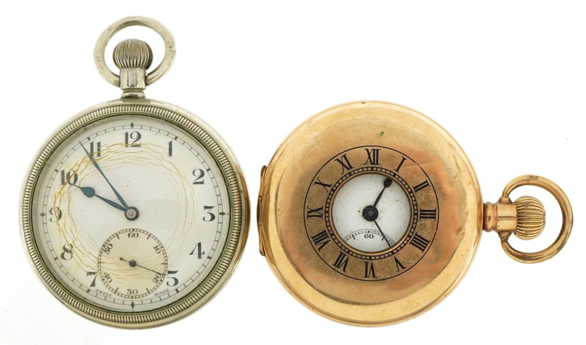 Gentlemen's gold plated half hunter pocket watch and a white metal open face pocket watch, each with
