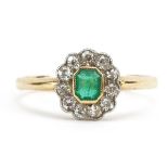 18ct gold emerald and diamond cluster ring, the emerald approximately 4.0mm x 3.2mm, size S, 2.