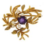9ct gold amethyst and pearl leaf brooch, 3.2cm wide, 4.9g : For further information on this lot