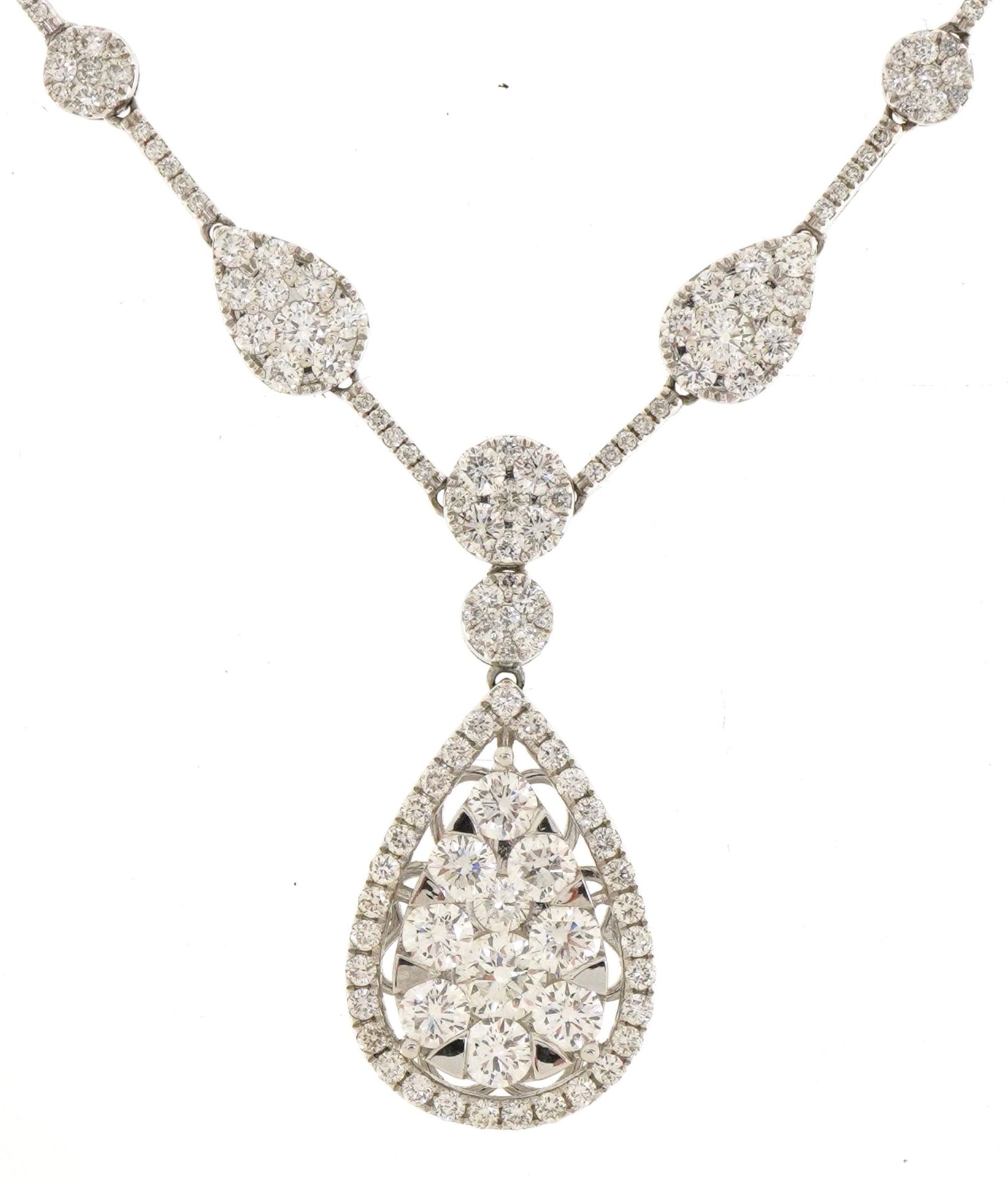 18ct white gold graduating Riviere diamond collar necklace with teardrop cluster set with three