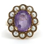 Victorian style 9ct gold amethyst and seed pearl cluster ring, the amethyst approximately 10.1mm x