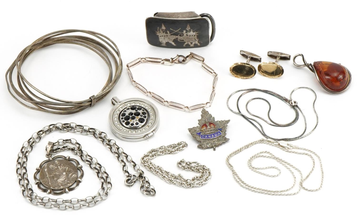 Vintage and later silver jewellery including rotating pendant set with clear and black stones,