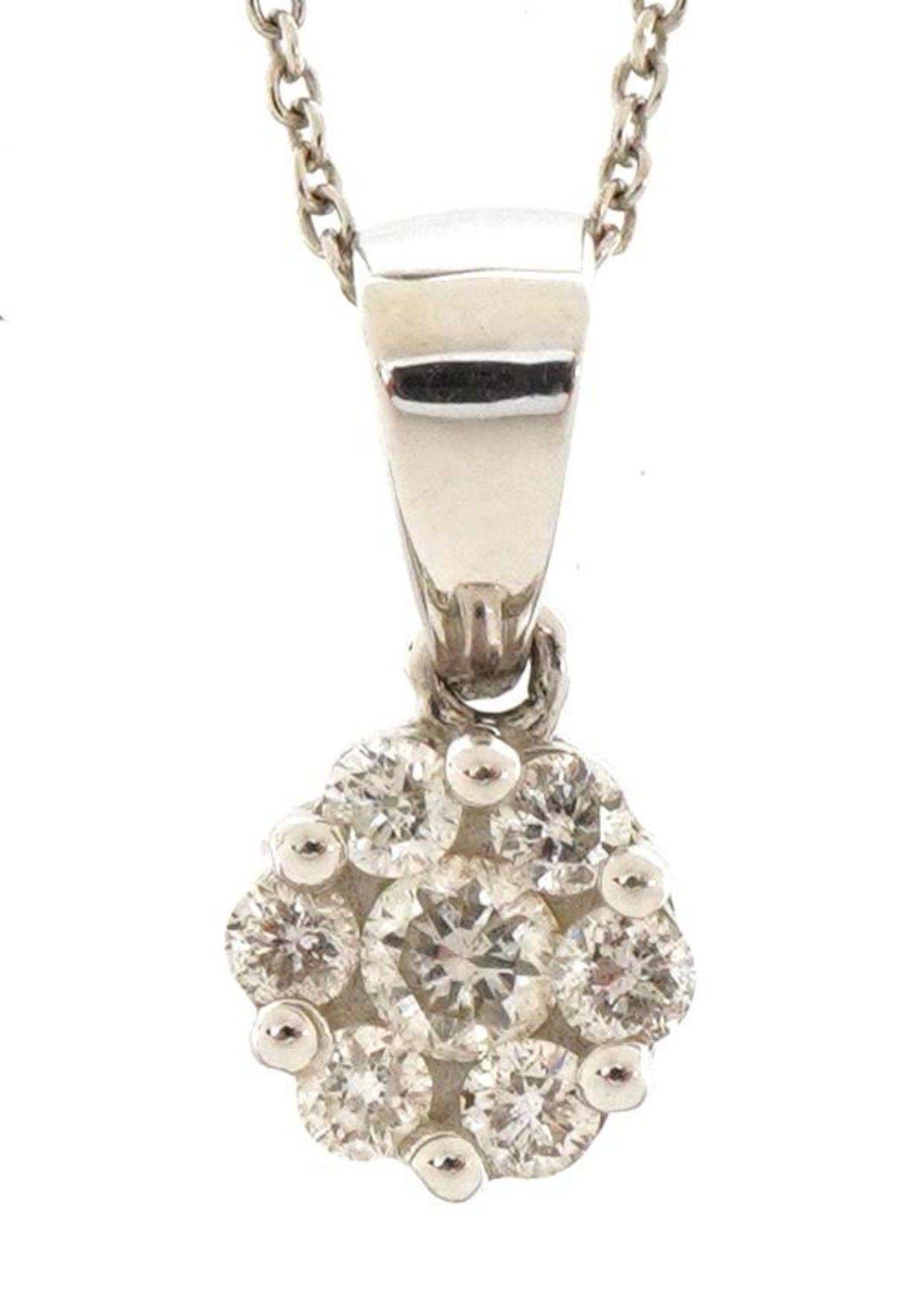 9ct white gold diamond flower head pendant, the suspension loop marked 0.18 carat, on an 18ct