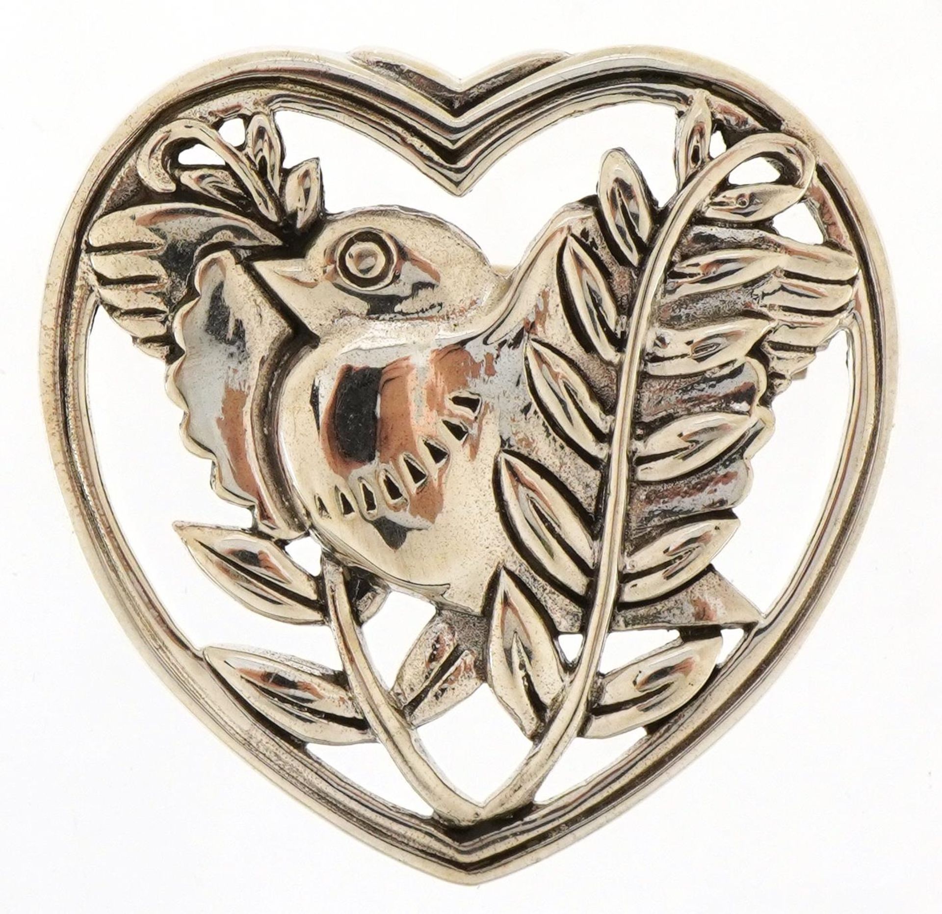 Sterling silver love heart bird brooch, 3.2cm high, 8.5g : For further information on this lot